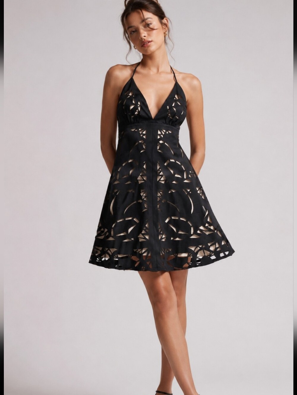 Solitaire Black Halter Laser-Cut Fit & Flare Mini Dress